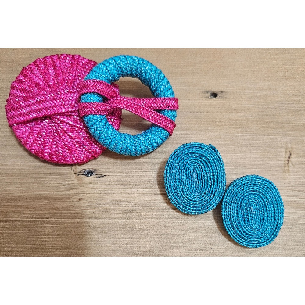 Vintage HOT Pink and Turquoise Blue Raffia Weave Oval Earrings Brooch Pin‎ 80's - Picture 6 of 9